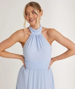 Halter Neck Pleated Waist Chiffon Bridesmaid Dress - Cornflower Blue