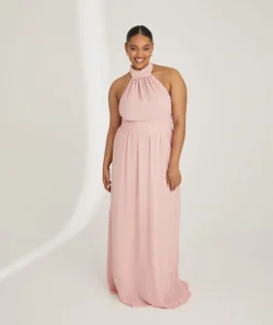Halter Neck Pleated Waist Chiffon Bridesmaid Dress - Peony Pink