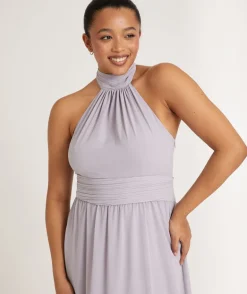 Halter Neck Pleated Waist Chiffon Bridesmaid Dress - Dusty Lilac