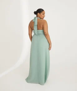 Halter Neck Pleated Waist Chiffon Bridesmaid Dress - Sage