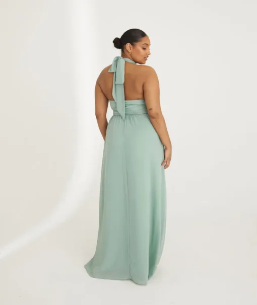 Halter Neck Pleated Waist Chiffon Bridesmaid Dress - Sage