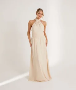 Halter Neck Pleated Waist Chiffon Bridesmaid Dress - Butter Cream
