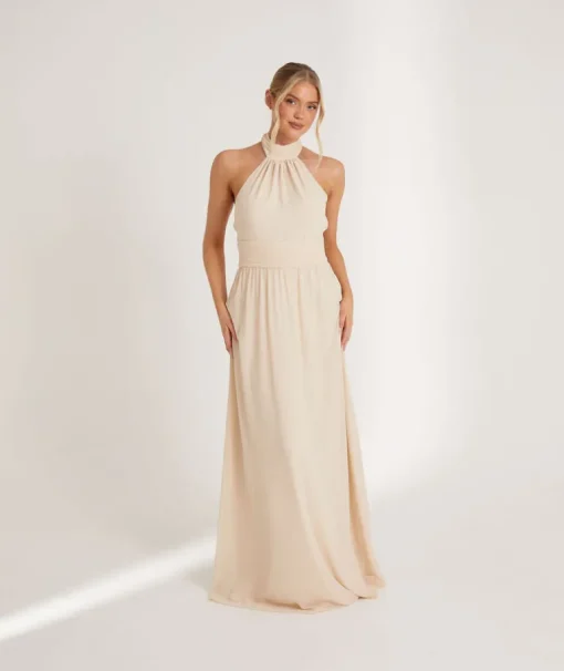 Halter Neck Pleated Waist Chiffon Bridesmaid Dress - Butter Cream