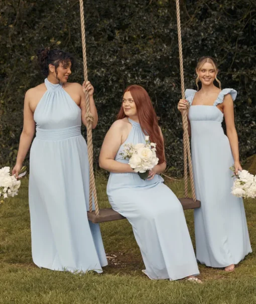 Halter Neck Pleated Waist Chiffon Bridesmaid Dress - Cornflower Blue