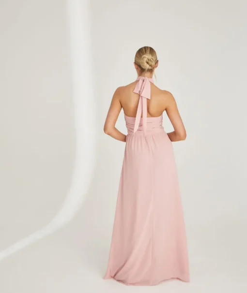 Halter Neck Pleated Waist Chiffon Bridesmaid Dress - Peony Pink