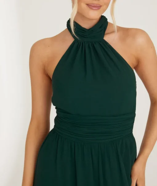 Halter Neck Pleated Waist Chiffon Bridesmaid Dress - Emerald