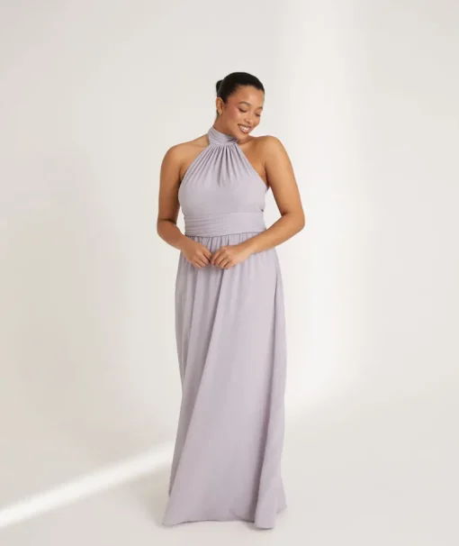 Halter Neck Pleated Waist Chiffon Bridesmaid Dress - Dusty Lilac