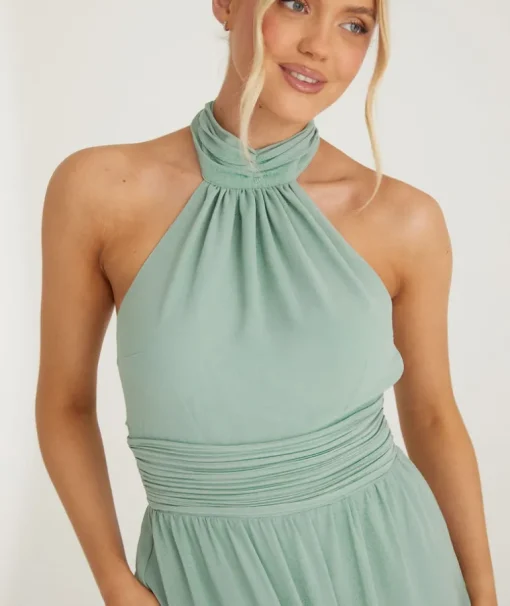 Halter Neck Pleated Waist Chiffon Bridesmaid Dress - Sage