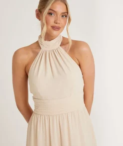 Halter Neck Pleated Waist Chiffon Bridesmaid Dress - Butter Cream