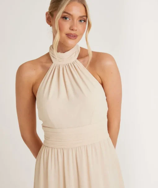 Halter Neck Pleated Waist Chiffon Bridesmaid Dress - Butter Cream