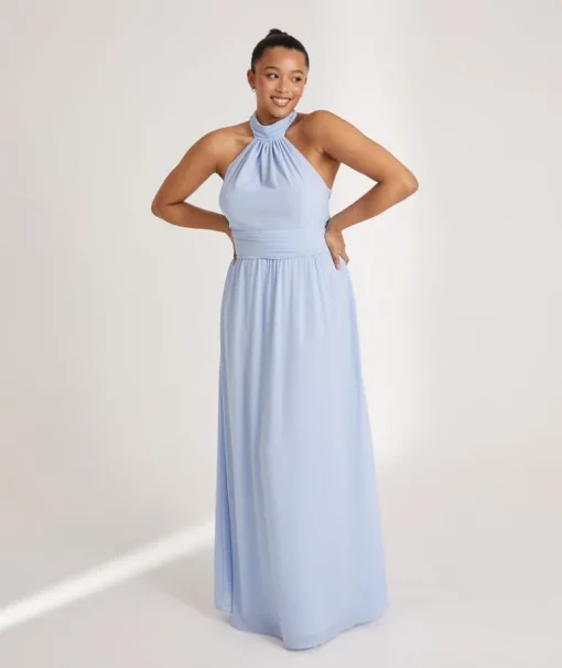 Halter Neck Pleated Waist Chiffon Bridesmaid Dress - Cornflower Blue