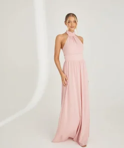 Halter Neck Pleated Waist Chiffon Bridesmaid Dress - Peony Pink