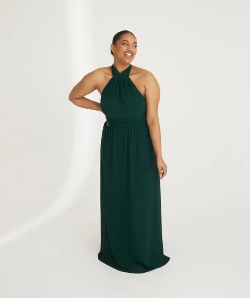 Halter Neck Pleated Waist Chiffon Bridesmaid Dress - Emerald