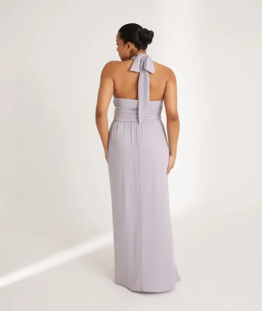 Halter Neck Pleated Waist Chiffon Bridesmaid Dress - Dusty Lilac