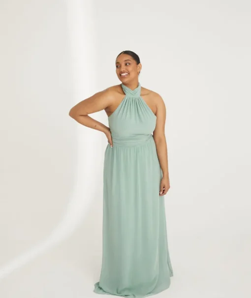 Halter Neck Pleated Waist Chiffon Bridesmaid Dress - Sage