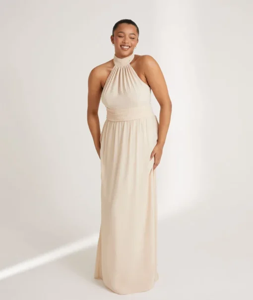 Halter Neck Pleated Waist Chiffon Bridesmaid Dress - Butter Cream