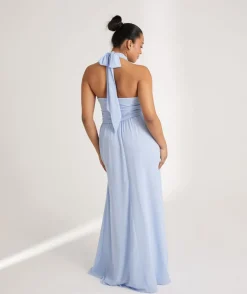 Halter Neck Pleated Waist Chiffon Bridesmaid Dress - Cornflower Blue