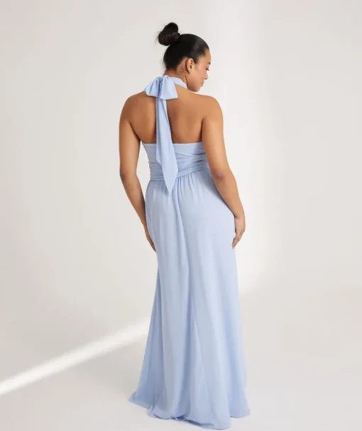 Halter Neck Pleated Waist Chiffon Bridesmaid Dress - Cornflower Blue