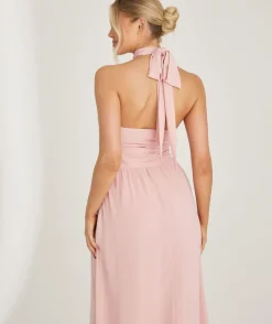 Halter Neck Pleated Waist Chiffon Bridesmaid Dress - Peony Pink