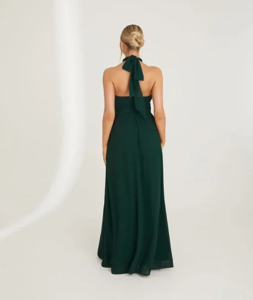 Halter Neck Pleated Waist Chiffon Bridesmaid Dress - Emerald