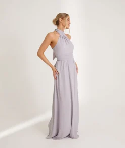 Halter Neck Pleated Waist Chiffon Bridesmaid Dress - Dusty Lilac