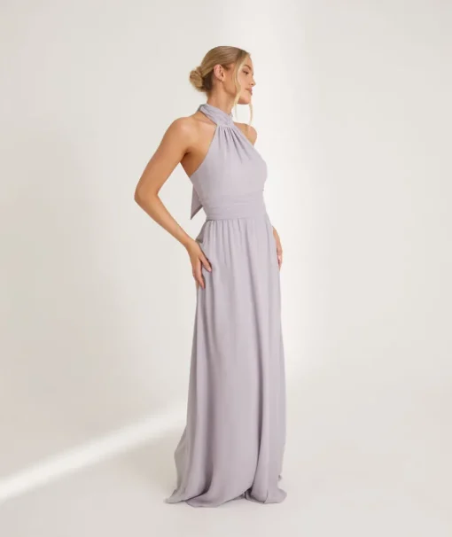 Halter Neck Pleated Waist Chiffon Bridesmaid Dress - Dusty Lilac