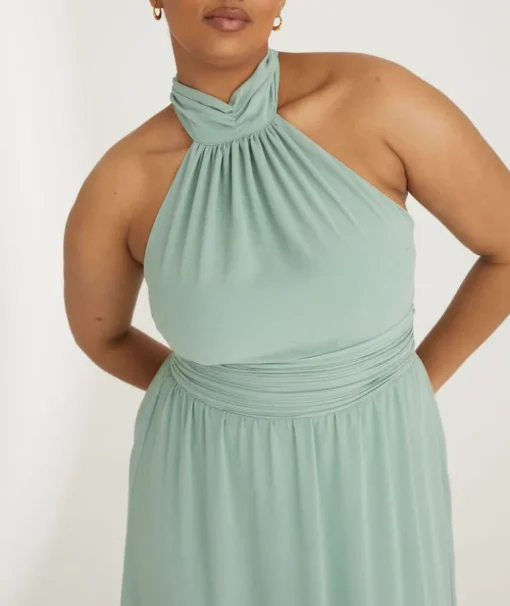 Halter Neck Pleated Waist Chiffon Bridesmaid Dress - Sage
