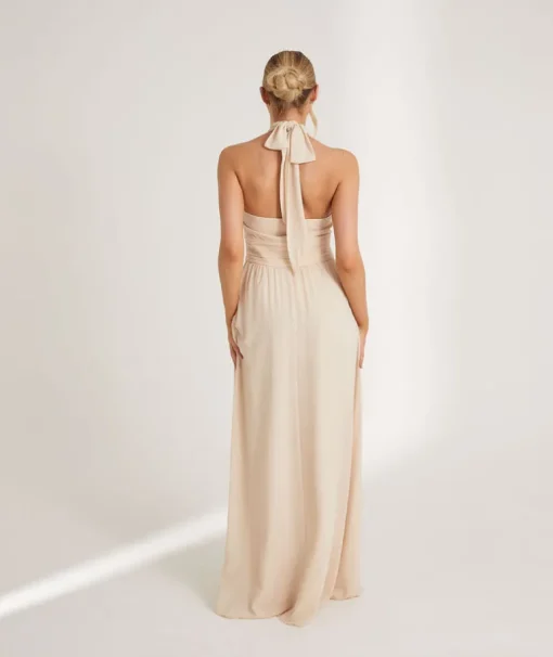 Halter Neck Pleated Waist Chiffon Bridesmaid Dress - Butter Cream