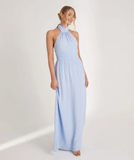 Halter Neck Pleated Waist Chiffon Bridesmaid Dress - Cornflower Blue