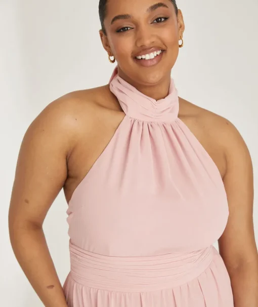 Halter Neck Pleated Waist Chiffon Bridesmaid Dress - Peony Pink