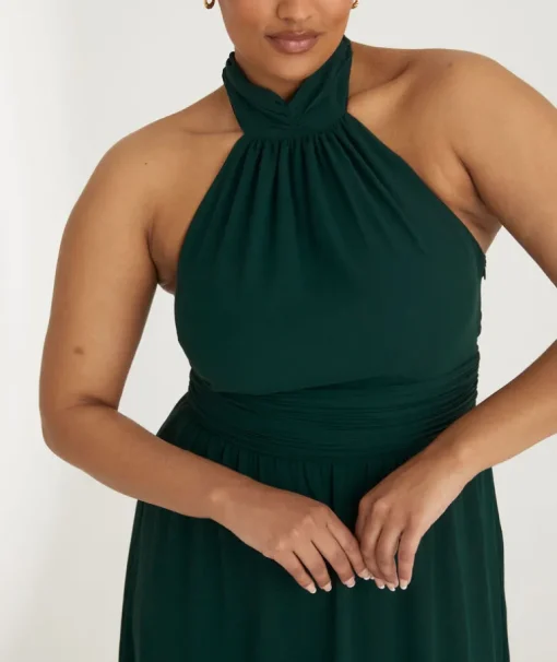Halter Neck Pleated Waist Chiffon Bridesmaid Dress - Emerald
