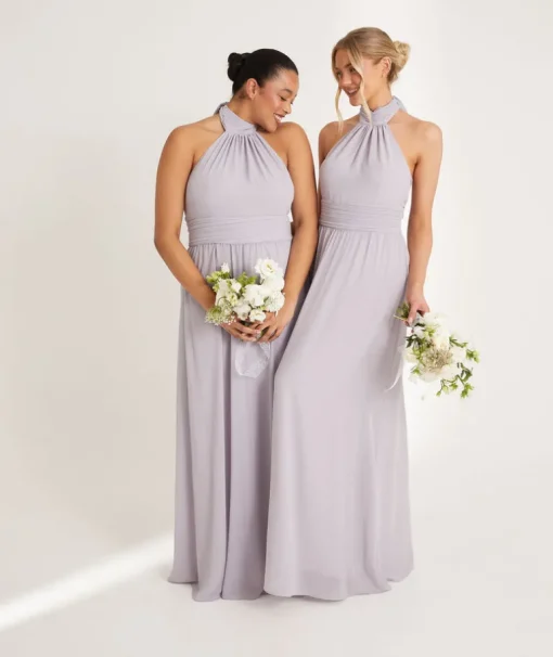 Halter Neck Pleated Waist Chiffon Bridesmaid Dress - Dusty Lilac