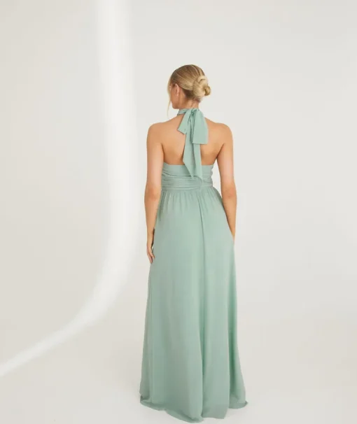 Halter Neck Pleated Waist Chiffon Bridesmaid Dress - Sage