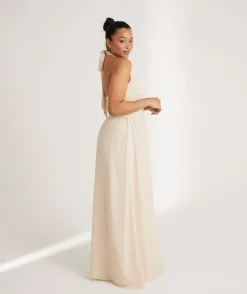 Halter Neck Pleated Waist Chiffon Bridesmaid Dress - Butter Cream