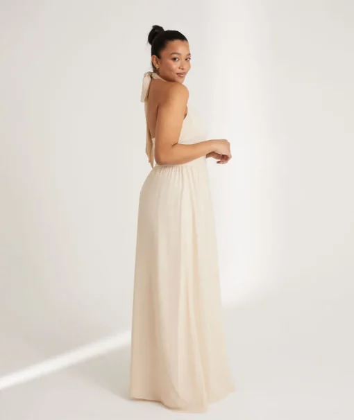 Halter Neck Pleated Waist Chiffon Bridesmaid Dress - Butter Cream