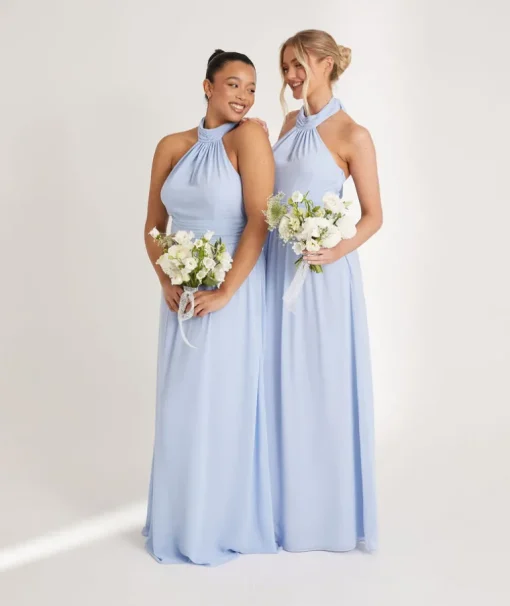 Halter Neck Pleated Waist Chiffon Bridesmaid Dress - Cornflower Blue