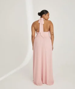 Halter Neck Pleated Waist Chiffon Bridesmaid Dress - Peony Pink