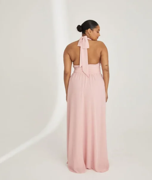 Halter Neck Pleated Waist Chiffon Bridesmaid Dress - Peony Pink