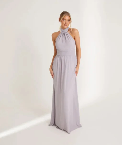 Halter Neck Pleated Waist Chiffon Bridesmaid Dress - Dusty Lilac