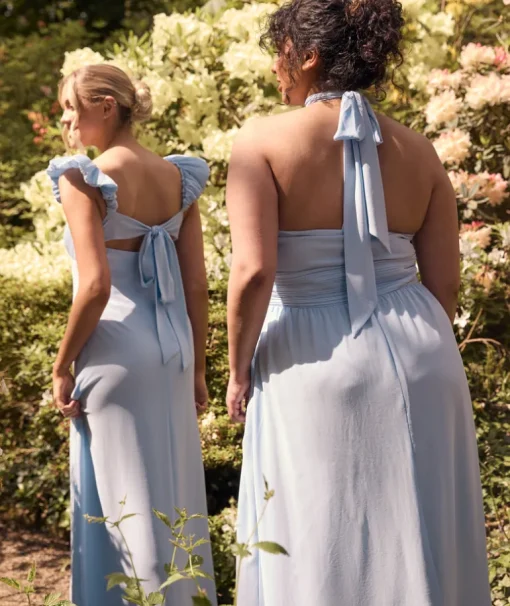 Halter Neck Pleated Waist Chiffon Bridesmaid Dress - Cornflower Blue