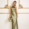 Halter Neck Satin Bridesmaid Dress - Moss Green