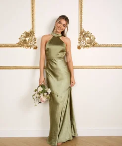 Halter Neck Satin Bridesmaid Dress - Moss Green