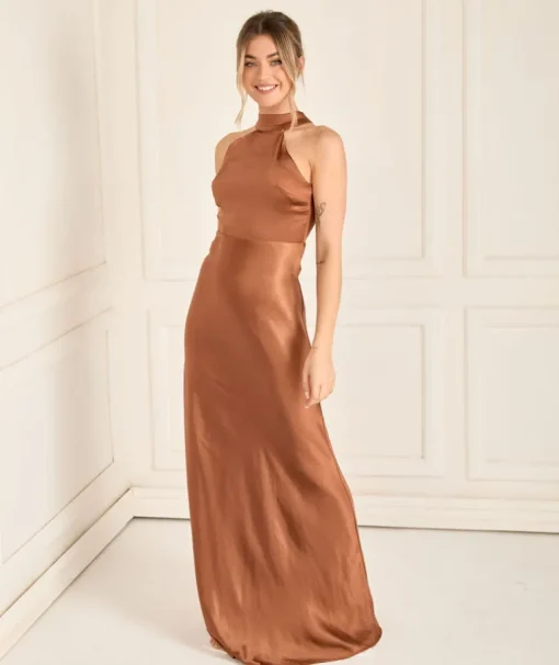 Halter Neck Satin Bridesmaid Dress - Rust