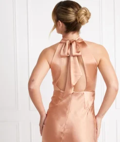 Halter Neck Satin Bridesmaid Dress - Burnt Peach