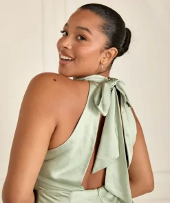 Halter Neck Satin Bridesmaid Dress - Sage