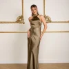 Halter Neck Satin Bridesmaid Dress - Olive