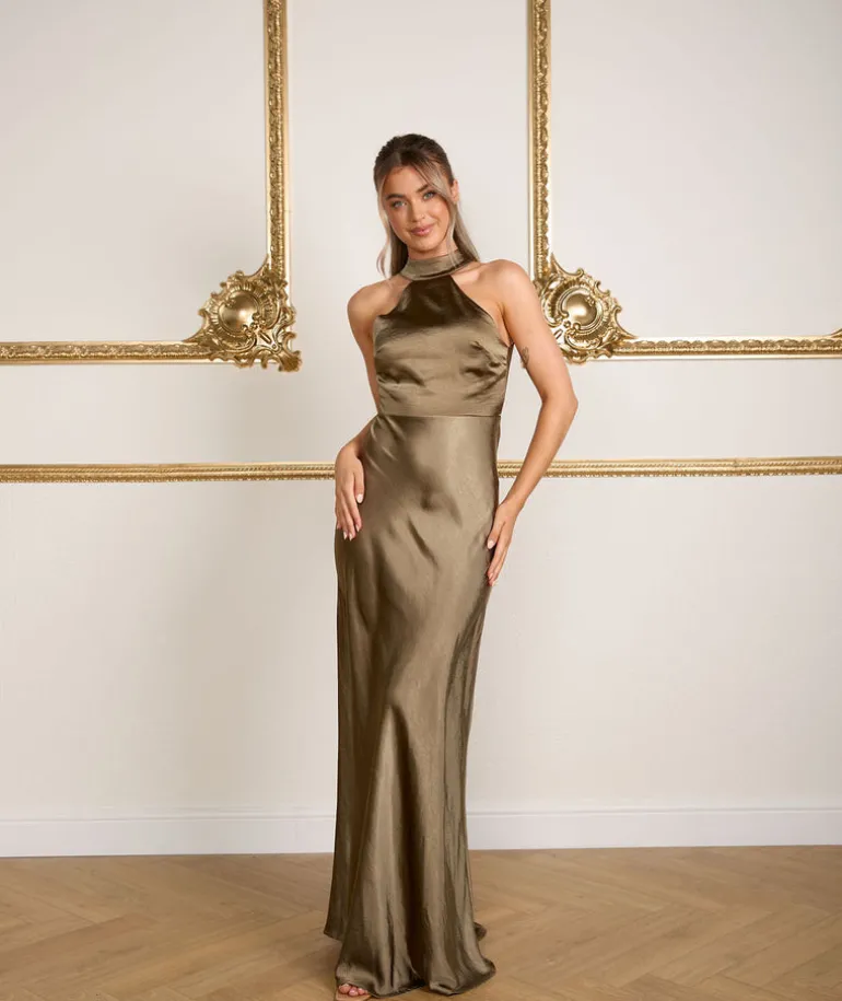 Halter Neck Satin Bridesmaid Dress - Olive