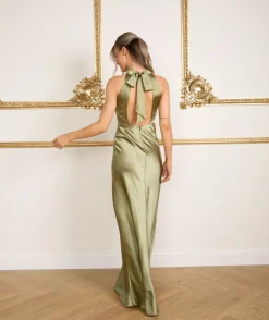 Halter Neck Satin Bridesmaid Dress - Moss Green