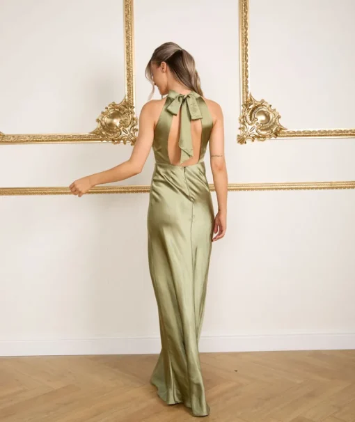 Halter Neck Satin Bridesmaid Dress - Moss Green