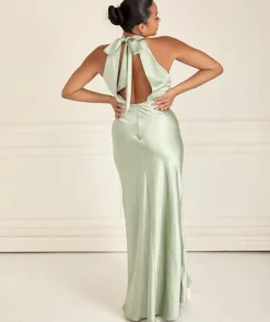 Halter Neck Satin Bridesmaid Dress - Sage